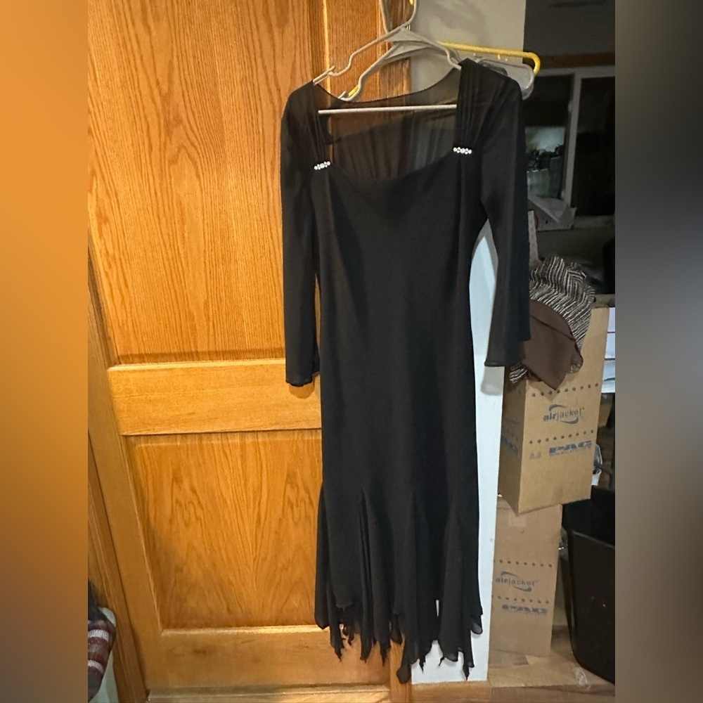S.L. Fashions Black Sheer Sleeve Cocktail Dress Whimsigoth Bling accents Flowy